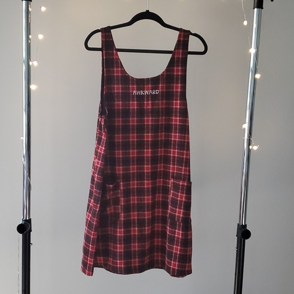 Disturbing "Awkward" red plaid jumper dress - Picture 2 of 6